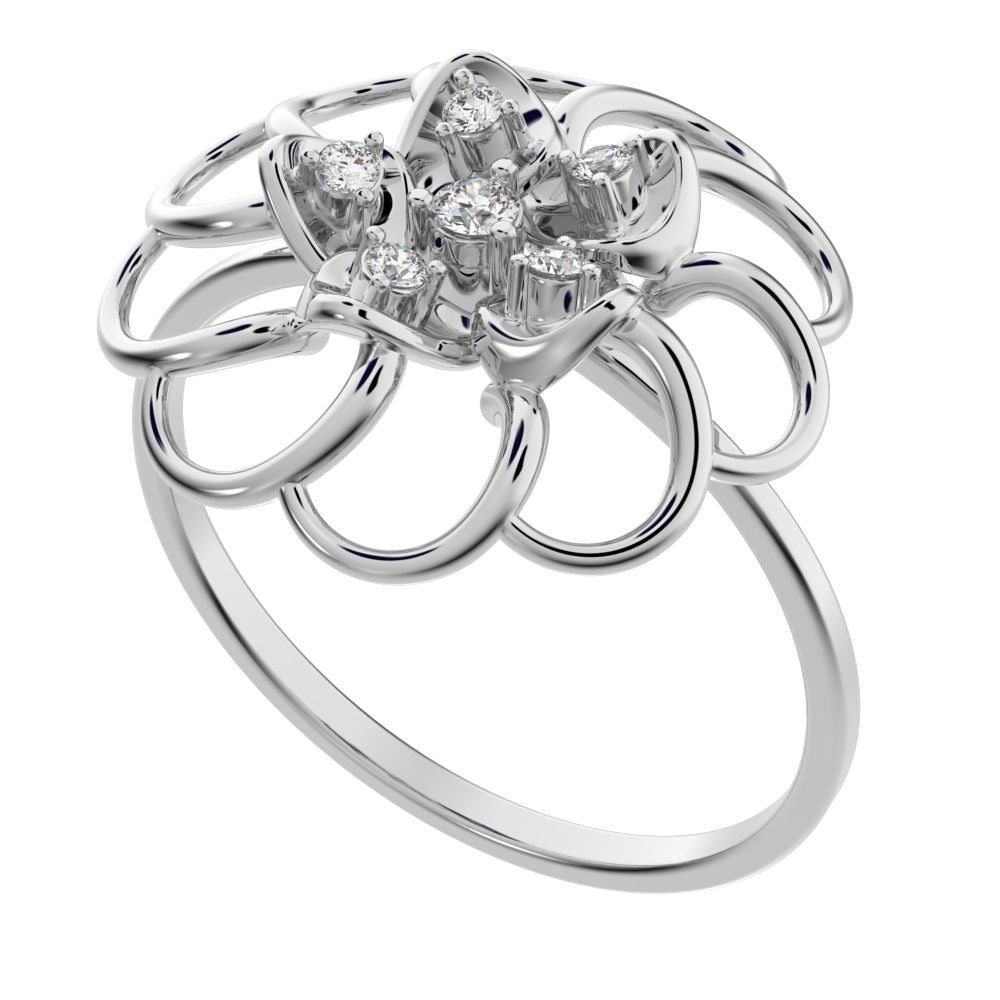 0.075 ct Round Cut Simulated Clear Diamond dainty Minimalist floral halo Cocktail star light 14K / 18K Solid White Gold everyday ring