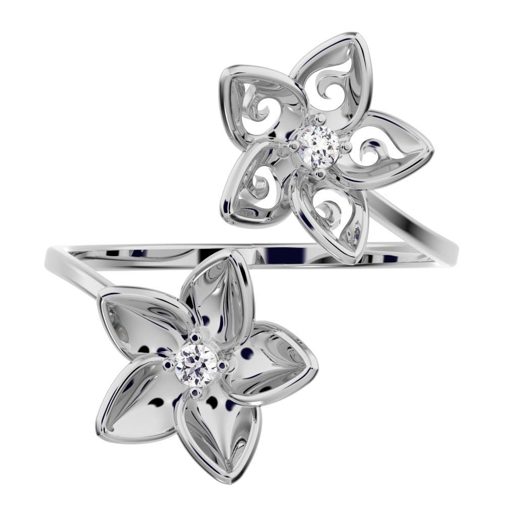 0.04 ct Round Cut Simulated Clear Diamond dainty Minimalist floral halo Cocktail star swirl 14K / 18K Solid White Gold everyday ring