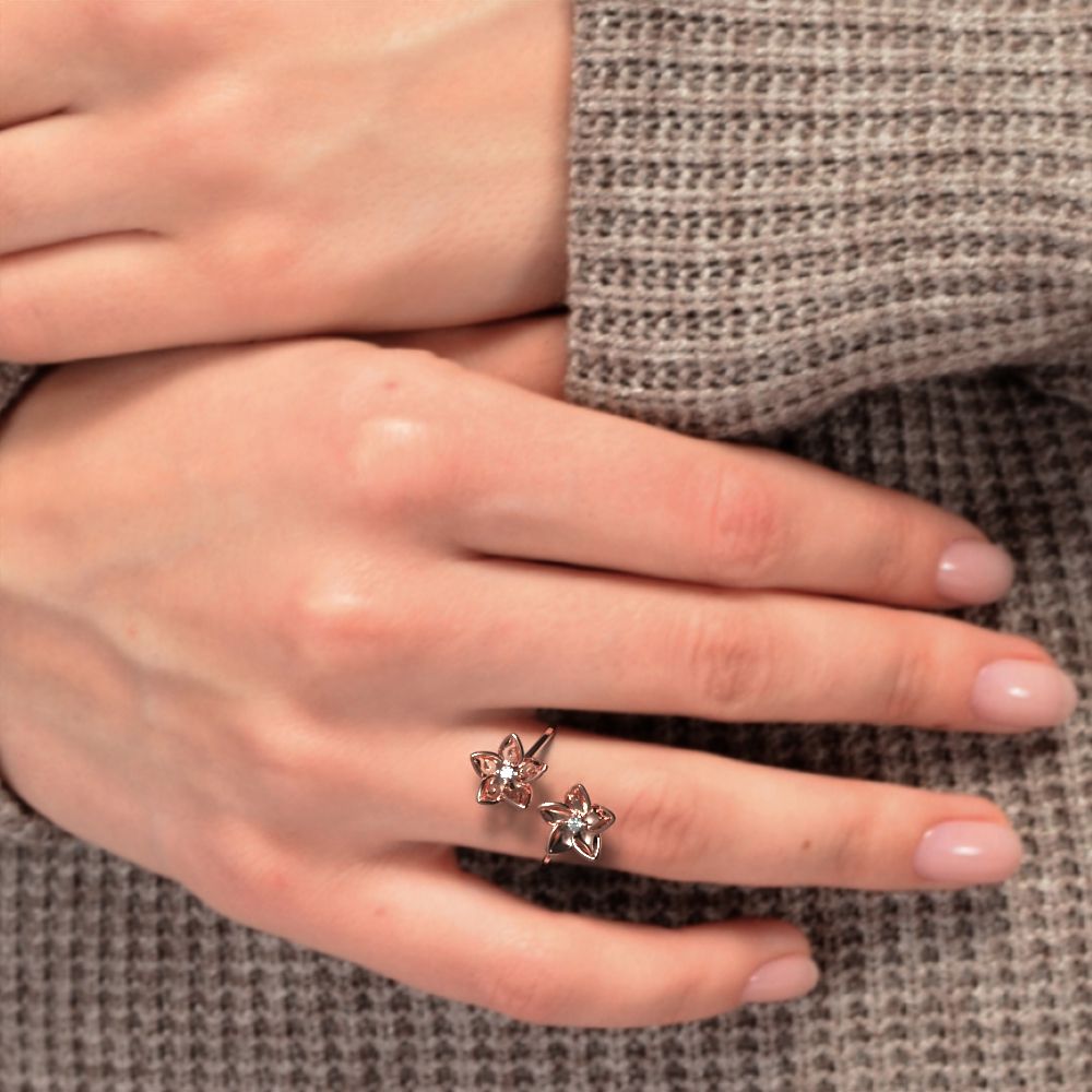 0.04 ct Round Cut Moissanite dainty Minimalist floral halo Cocktail star adjustable swirl 14K / 18K Solid Rose Gold everyday ring