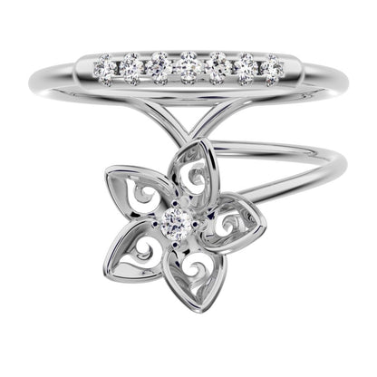 0.125Ct Round Cut Simulated Clear Diamond Minimalist flower halo star cocktail Dual-band 14K / 18K Solid White Gold everyday wedding band