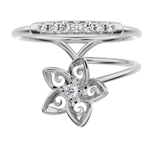 0.125 ct Round Cut Moissanite dainty Minimalist flower halo star cocktail Dual-band 14K / 18K Solid White Gold everyday wedding band