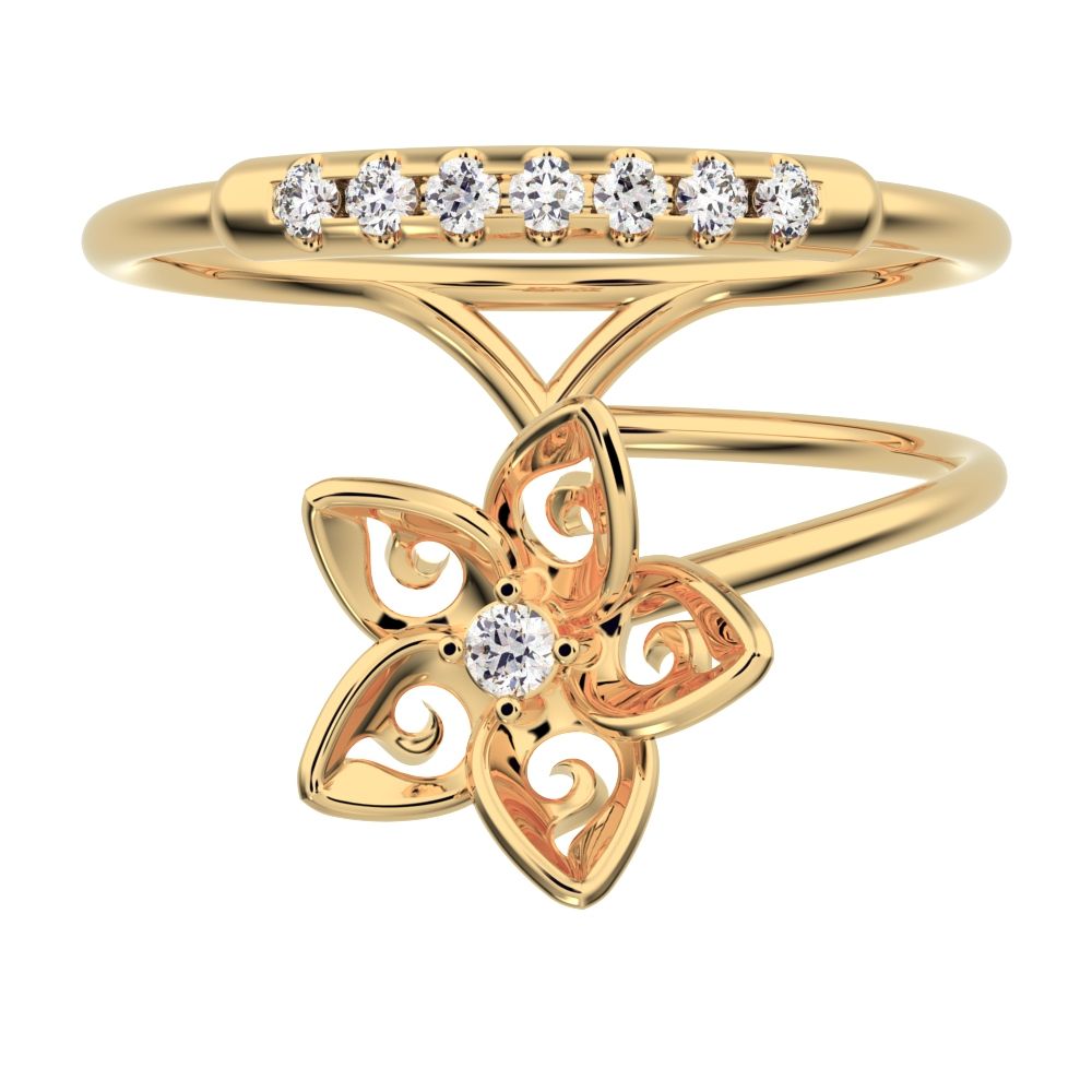 0.125 ct Round Cut Moissanite dainty Minimalist flower halo star cocktail Dual-band 14K / 18K Solid Yellow Gold everyday wedding band