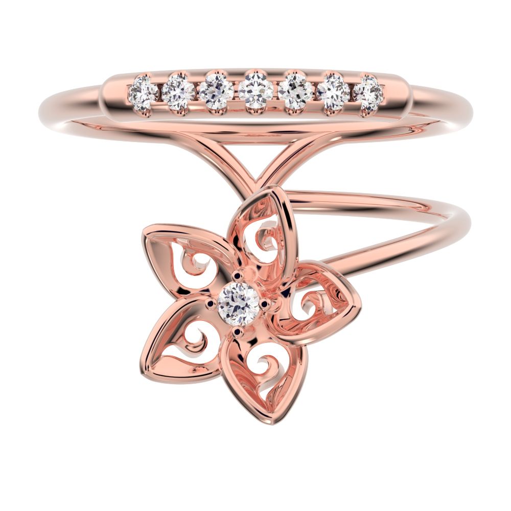 0.125Ct Round Cut Simulated Clear Diamond Minimalist flower halo star cocktail Dual-band 14K / 18K Solid Rose Gold everyday wedding band