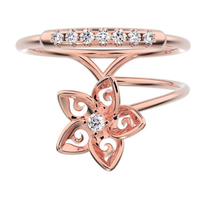 0.125Ct Round Cut Simulated Clear Diamond Minimalist flower halo star cocktail Dual-band 14K / 18K Solid Rose Gold everyday wedding band