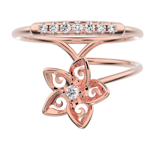 0.125Ct Round Cut Simulated Clear Diamond Minimalist flower halo star cocktail Dual-band 14K / 18K Solid Rose Gold everyday wedding band