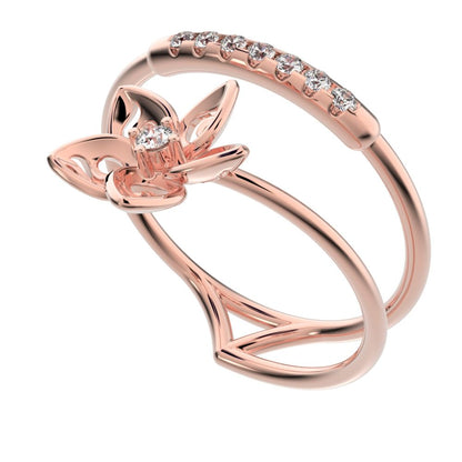 0.125Ct Round Cut Simulated Clear Diamond Minimalist flower halo star cocktail Dual-band 14K / 18K Solid Rose Gold everyday wedding band