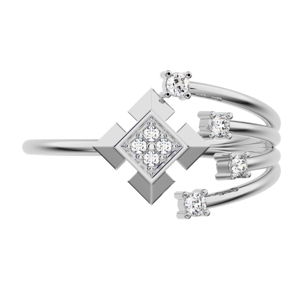 0.05 ct Round Cut Simulated Clear Diamond dainty Minimalist square flower 2 head petal halo 14K / 18K Solid White Gold everyday ring