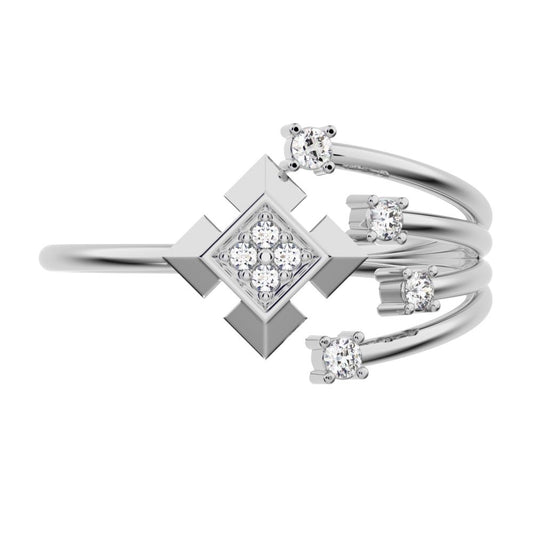 0.05 ct Round Cut Moissanite dainty Minimalist square flower 2 head petal cluster halo 14K / 18K Solid White Gold everyday ring