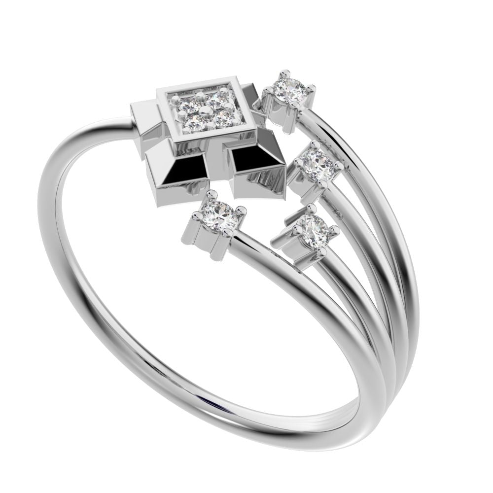 0.05 ct Round Cut Simulated Clear Diamond dainty Minimalist square flower 2 head petal halo 14K / 18K Solid White Gold everyday ring
