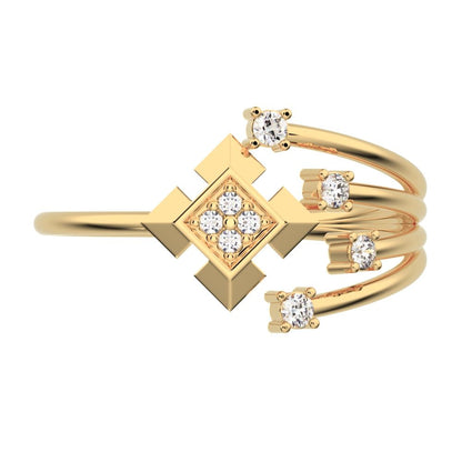 0.05 ct Round Cut Moissanite dainty Minimalist square flower 2 head petal cluster halo 14K / 18K Solid Yellow Gold everyday ring