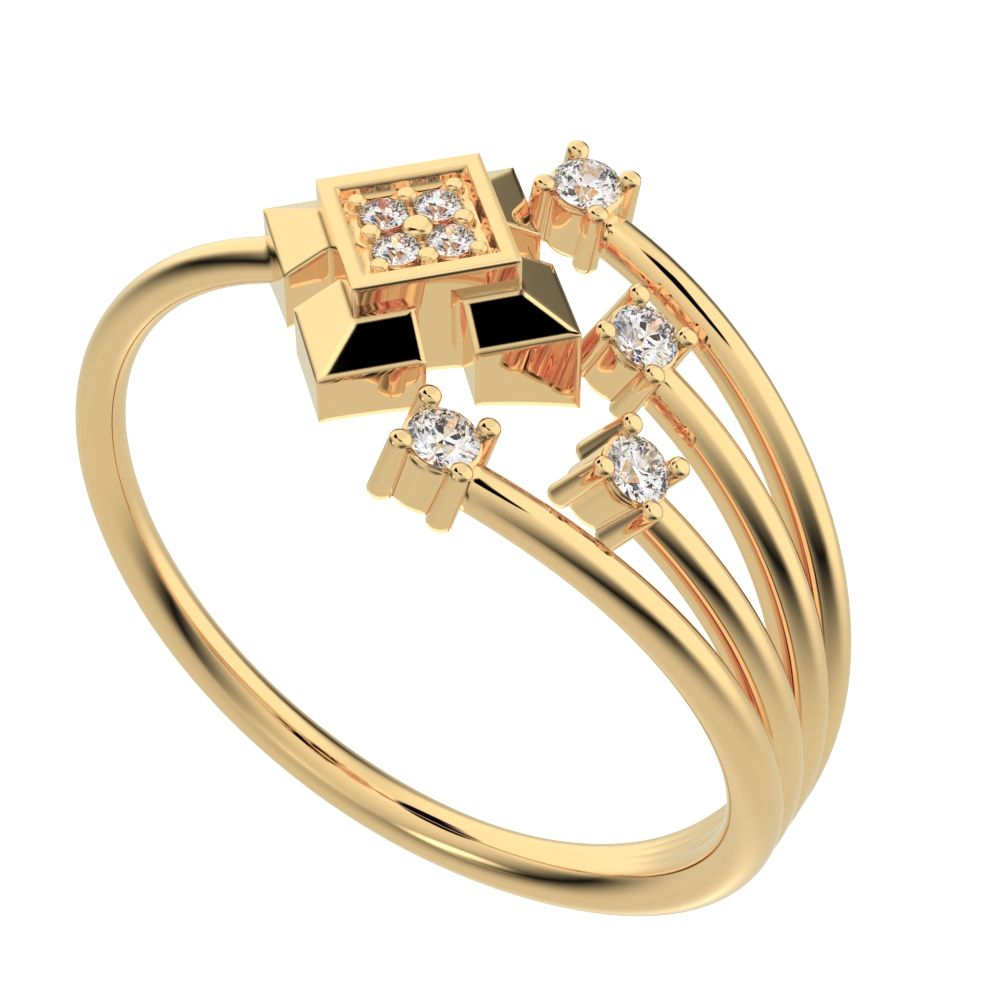 0.05 ct Round Cut Simulated Clear Diamond dainty Minimalist square flower 2 head petal halo 14K / 18K Solid Yellow Gold everyday ring