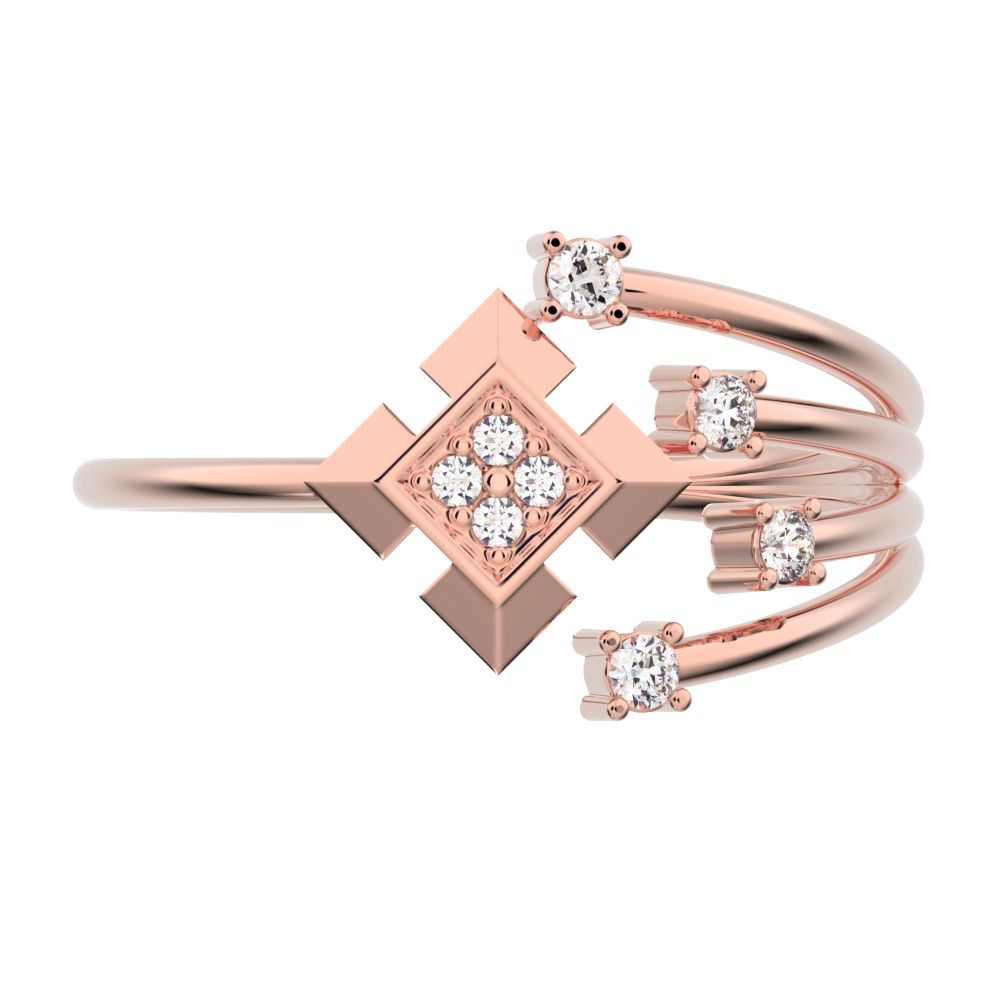 0.05 ct Round Cut Moissanite dainty Minimalist square flower 2 head petal cluster halo 14K / 18K Solid Rose Gold everyday ring