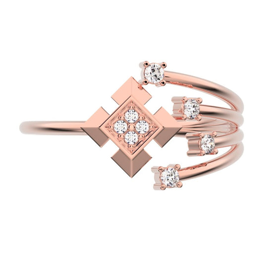 0.05 ct Round Cut Moissanite dainty Minimalist square flower 2 head petal cluster halo 14K / 18K Solid Rose Gold everyday ring