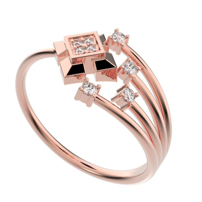 0.05 ct Round Cut Simulated Clear Diamond dainty Minimalist square flower 2 head petal cluster halo 14K / 18K Solid Rose Gold everyday ring