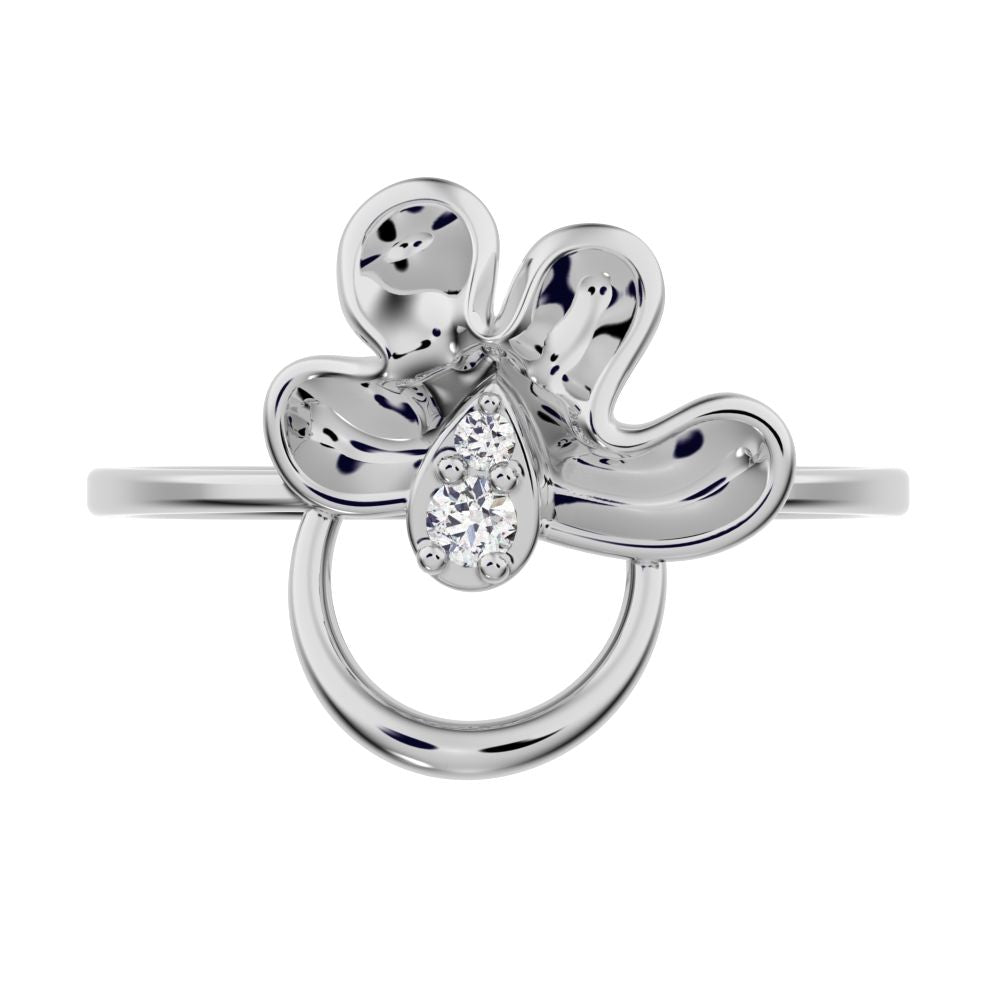 0.04 ct Round Cut Simulated Clear Diamond dainty Minimalist floral Cocktail eye Sculptural Open 14K / 18K Solid White Gold everyday ring