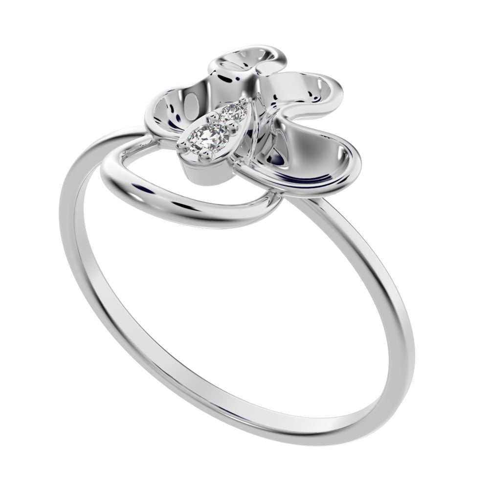 0.04 ct Round Cut Simulated Clear Diamond dainty Minimalist floral Cocktail eye Sculptural Open 14K / 18K Solid White Gold everyday ring
