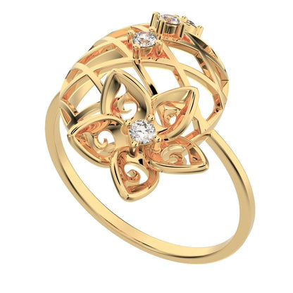 0.08 ct Round Cut Simulated Clear Diamond dainty Minimalist Floral European coil vintage star 14K / 18K Solid Yellow Gold everyday ring