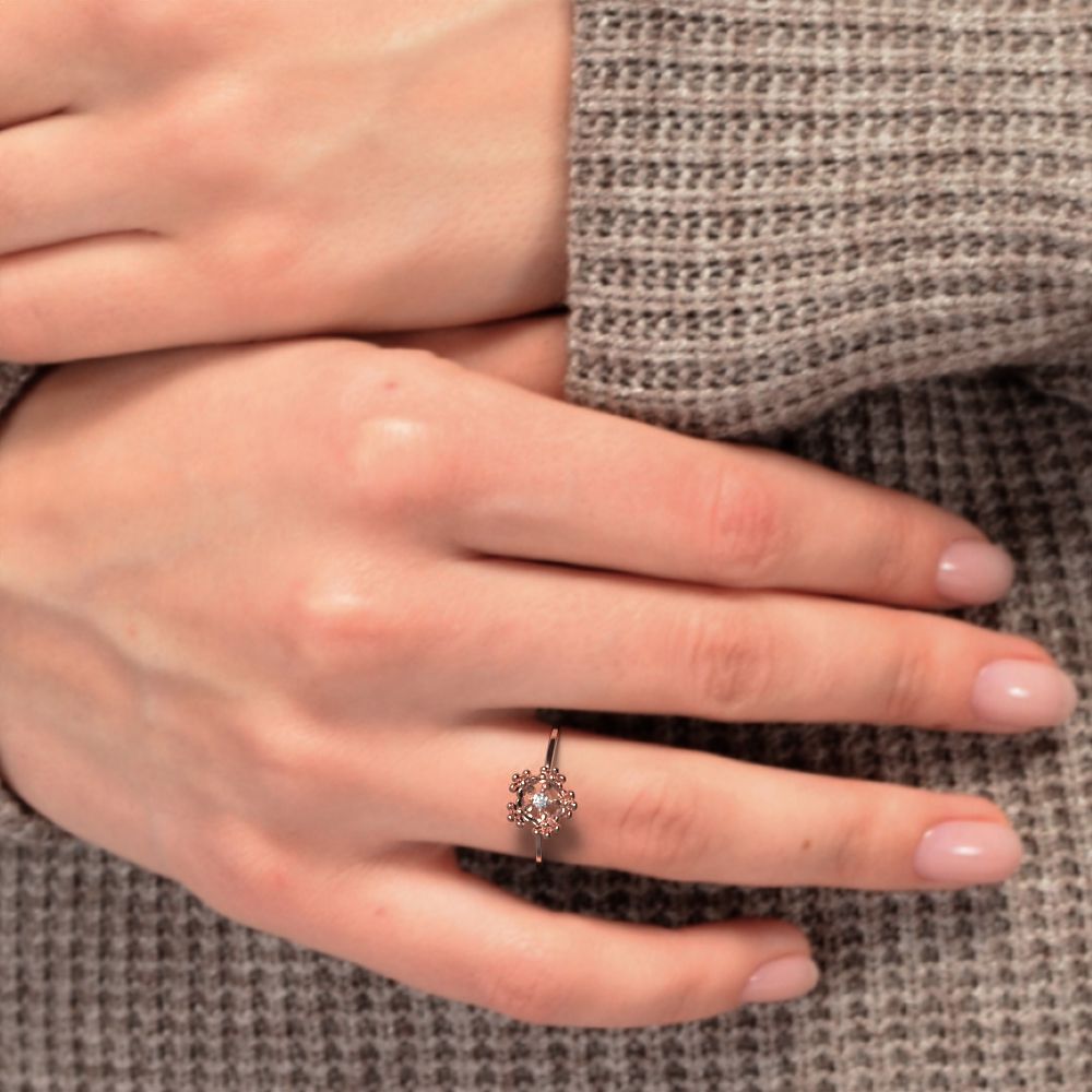 0.03 ct Round Cut Simulated Clear Diamond dainty Minimalist floral halo light 14K / 18K Solid Rose Gold everyday ring