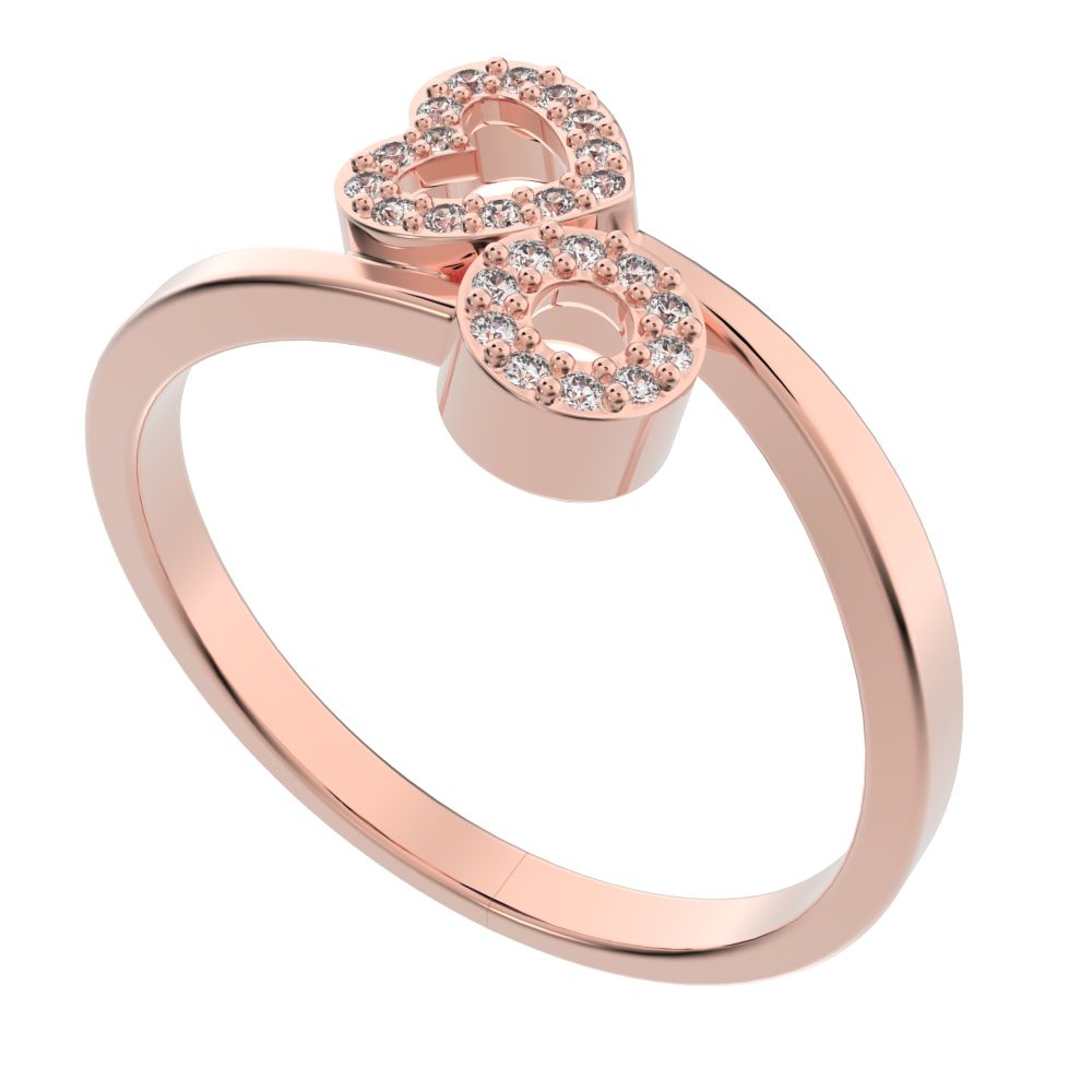 0.1175 ct Round Cut Simulated Clear Diamond dainty Minimalist light Heart Asymmetrical Interlocking 14K / 18K Solid Rose Gold everyday ring