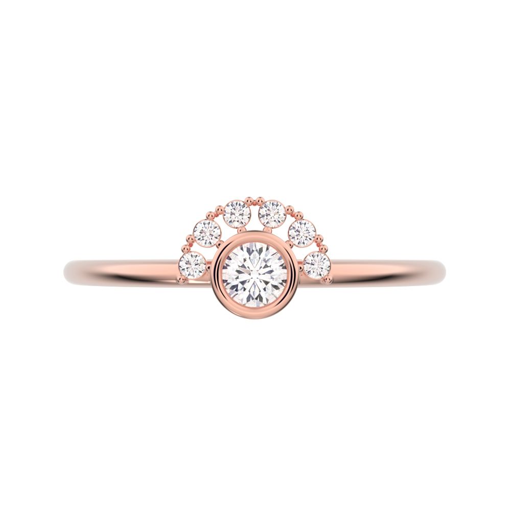 0.17 ct Round Cut Moissanite dainty Minimalist Half-circle bezel solitaire with accents cluster 14K / 18K Solid Rose Gold everyday ring