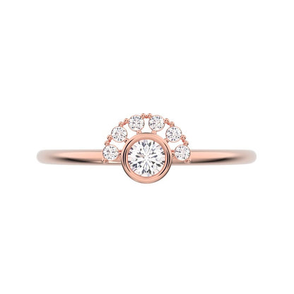 0.17 ct Round Cut Moissanite dainty Minimalist Half-circle bezel solitaire with accents cluster 14K / 18K Solid Rose Gold everyday ring