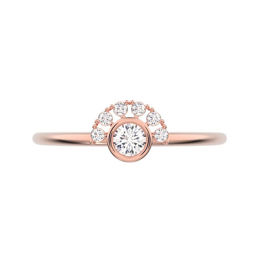0.17 ct Round Cut Moissanite dainty Minimalist Half-circle bezel solitaire with accents cluster 14K / 18K Solid Rose Gold everyday ring