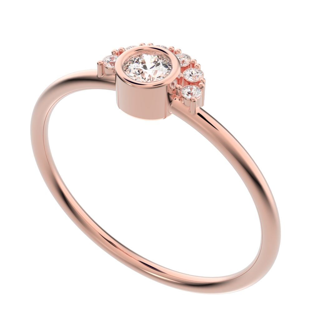0.17 ct Round Cut Moissanite dainty Minimalist Half-circle bezel solitaire with accents cluster 14K / 18K Solid Rose Gold everyday ring