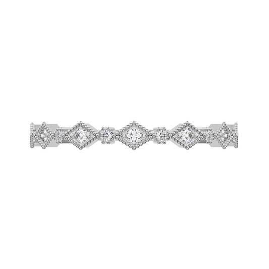 0.1 ct Round Cut Moissanite dainty Minimalist Half Eternity Stackable eye milgrain 14K / 18K Solid White Gold everyday wedding band
