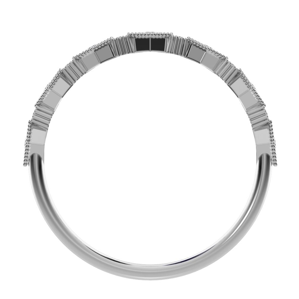0.1 ct Round Cut Moissanite dainty Minimalist Half Eternity Stackable eye milgrain 14K / 18K Solid White Gold everyday wedding band