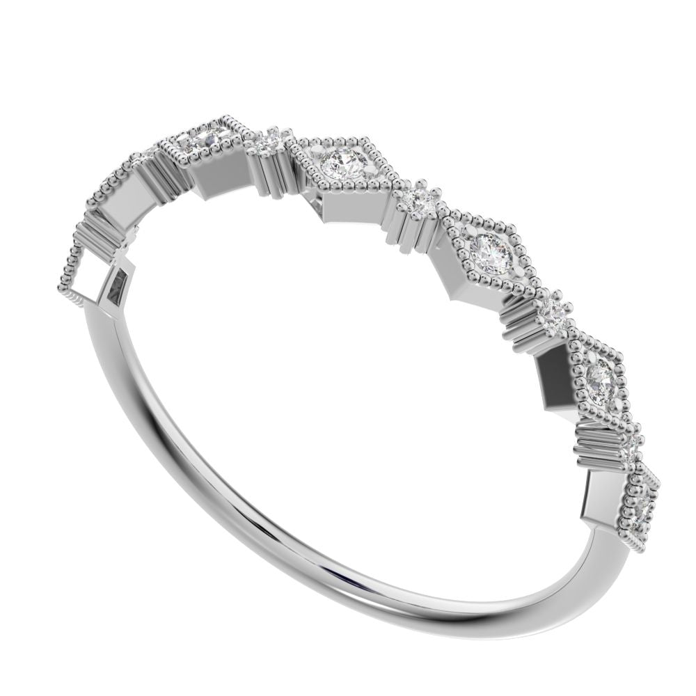 0.1Ct Round Cut Simulated Clear Diamond Minimalist Half Eternity Stackable eye milgrain 14K / 18K Solid White Gold everyday wedding band