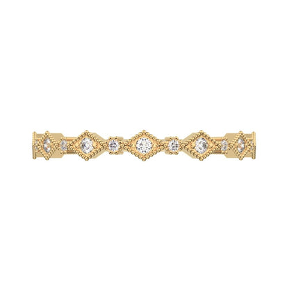0.1Ct Round Cut Simulated Clear Diamond Minimalist Half Eternity Stackable eye milgrain 14K / 18K Solid Yellow Gold everyday wedding band