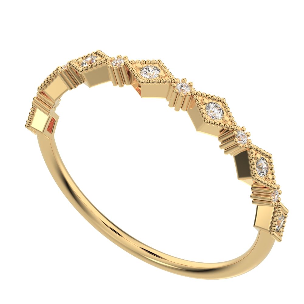 0.1Ct Round Cut Simulated Clear Diamond Minimalist Half Eternity Stackable eye milgrain 14K / 18K Solid Yellow Gold everyday wedding band