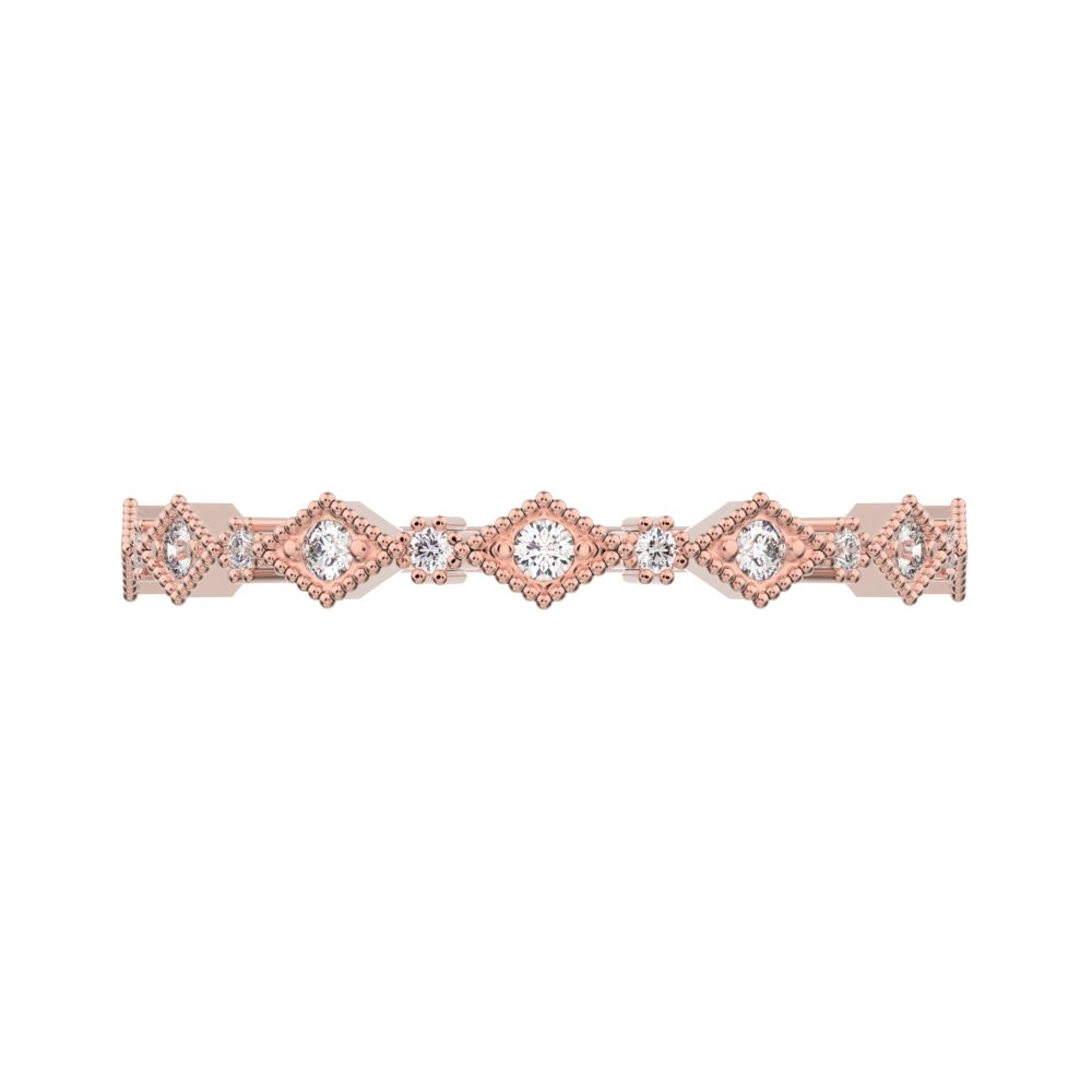 0.1Ct Round Cut Simulated Clear Diamond Minimalist Half Eternity Stackable eye milgrain 14K / 18K Solid Rose Gold everyday wedding band