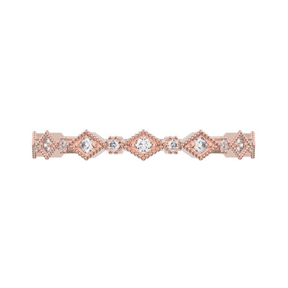 0.1Ct Round Cut Simulated Clear Diamond Minimalist Half Eternity Stackable eye milgrain 14K / 18K Solid Rose Gold everyday wedding band