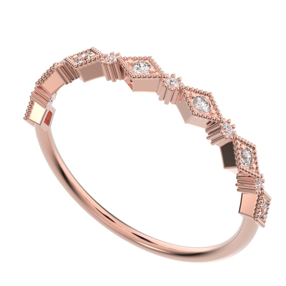 0.1Ct Round Cut Simulated Clear Diamond Minimalist Half Eternity Stackable eye milgrain 14K / 18K Solid Rose Gold everyday wedding band