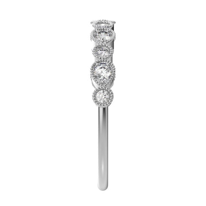 0.29 ct Round Cut Moissanite dainty Minimalist Half Eternity Stackable vintage milgrain 14K / 18K Solid White Gold everyday wedding band