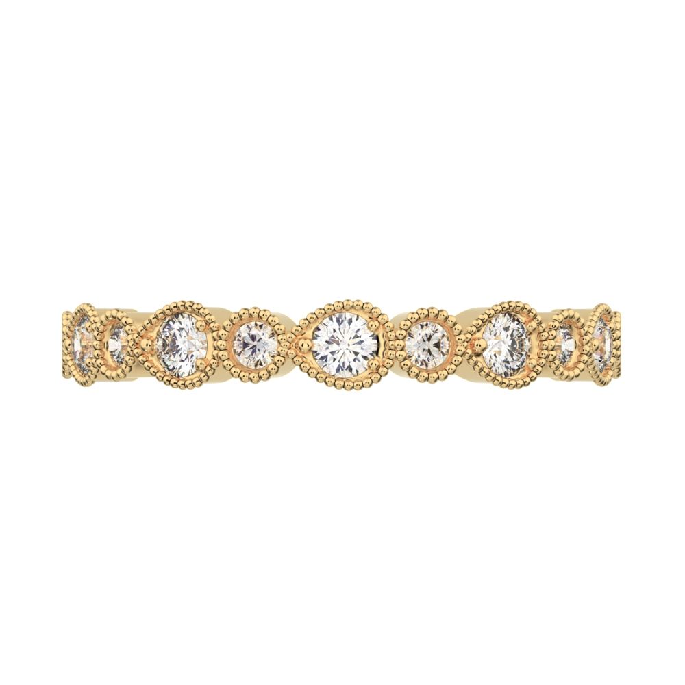 0.29 ct Round Cut Moissanite dainty Minimalist Half Eternity Stackable vintage milgrain 14K / 18K Solid Yellow Gold everyday wedding band