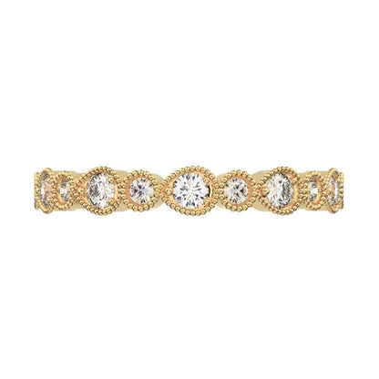 0.29 ct Round Cut Moissanite dainty Minimalist Half Eternity Stackable vintage milgrain 14K / 18K Solid Yellow Gold everyday wedding band
