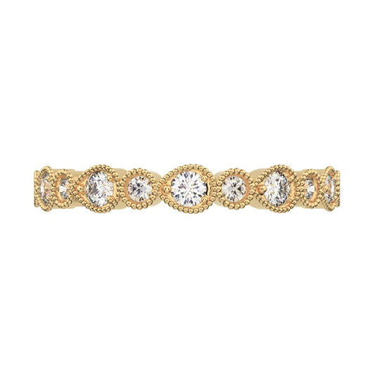 0.29 ct Round Cut Moissanite dainty Minimalist Half Eternity Stackable vintage milgrain 14K / 18K Solid Yellow Gold everyday wedding band