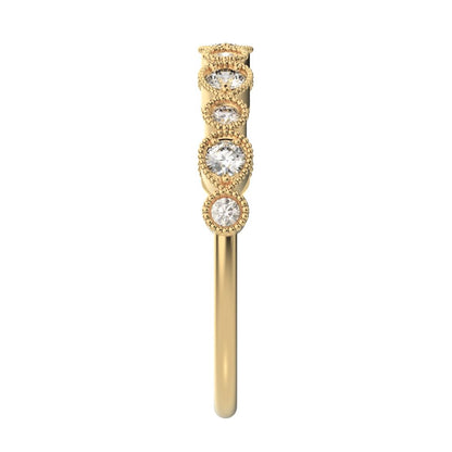 0.29 ct Round Cut Moissanite dainty Minimalist Half Eternity Stackable vintage milgrain 14K / 18K Solid Yellow Gold everyday wedding band
