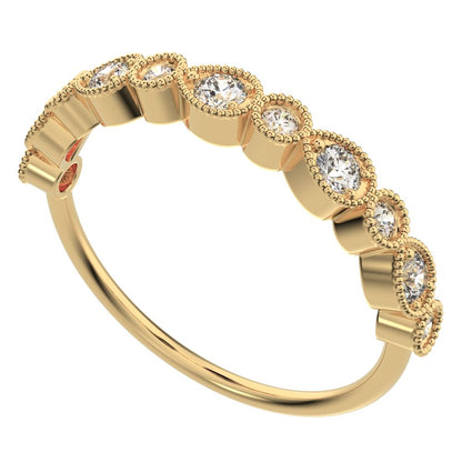 0.29 ct Round Cut Moissanite dainty Minimalist Half Eternity Stackable vintage milgrain 14K / 18K Solid Yellow Gold everyday wedding band