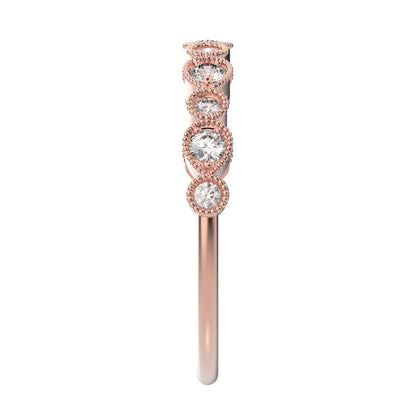0.29 ct Round Cut Moissanite dainty Minimalist Half Eternity Stackable vintage milgrain 14K / 18K Solid Rose Gold everyday wedding band