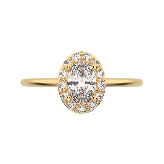 0.56 ct oval Cut Moissanite dainty Minimalist halo solitaire with accents light cocktail 14K / 18K Solid Yellow Gold everyday ring