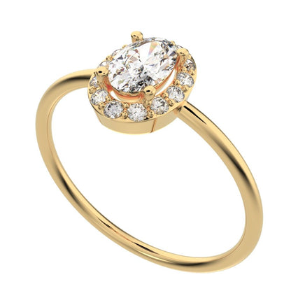 0.56 ct oval Cut Moissanite dainty Minimalist halo solitaire with accents light cocktail 14K / 18K Solid Yellow Gold everyday ring