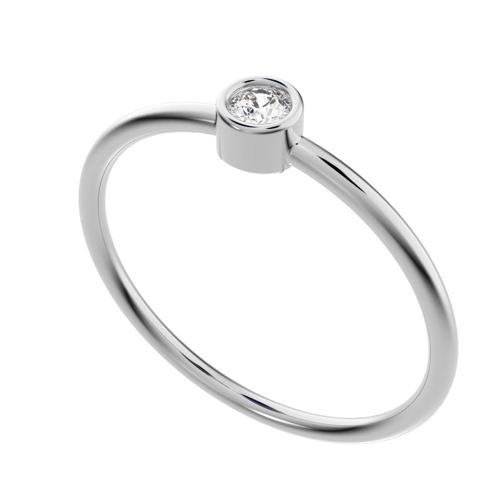0.06 ct Round Cut Simulated Clear Diamond dainty Minimalist bezel solitaire light stackable 14K / 18K Solid White Gold everyday ring