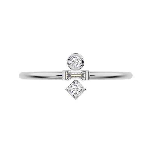 0.1 ct Baguette Cut Moissanite dainty Minimalist bezel light stackable vertical 3 stone 14K / 18K Solid White Gold everyday ring