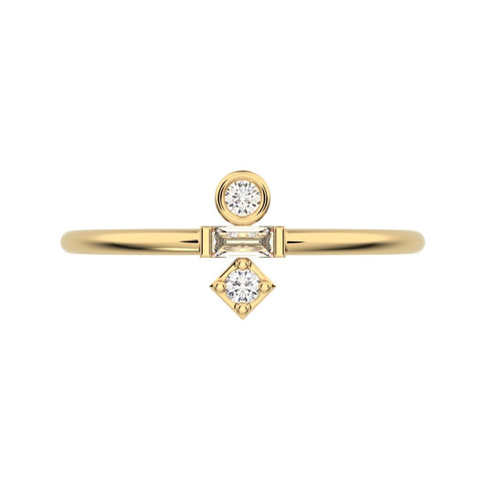 0.1 ct Baguette Cut Moissanite dainty Minimalist bezel light stackable vertical 3 stone 14K / 18K Solid Yellow Gold everyday ring