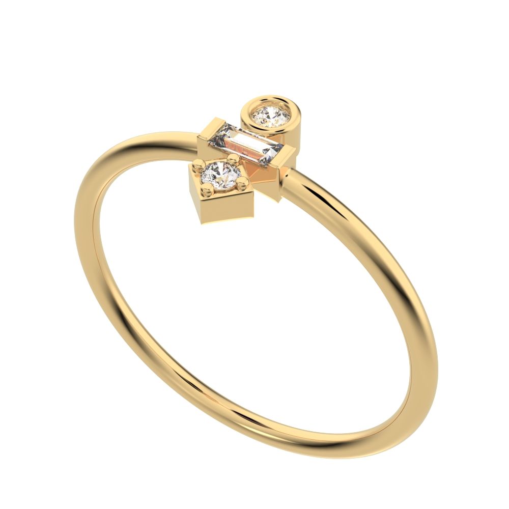 0.1 ct Baguette Cut Moissanite dainty Minimalist bezel light stackable vertical 3 stone 14K / 18K Solid Yellow Gold everyday ring