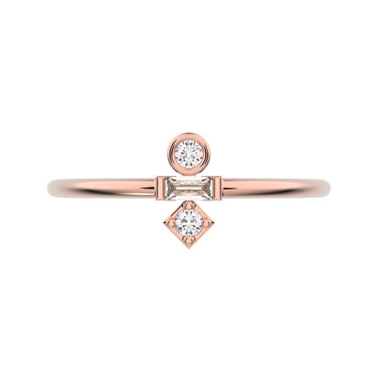 0.1 ct Baguette Cut Moissanite dainty Minimalist bezel light stackable vertical 3 stone 14K / 18K Solid Rose Gold everyday ring