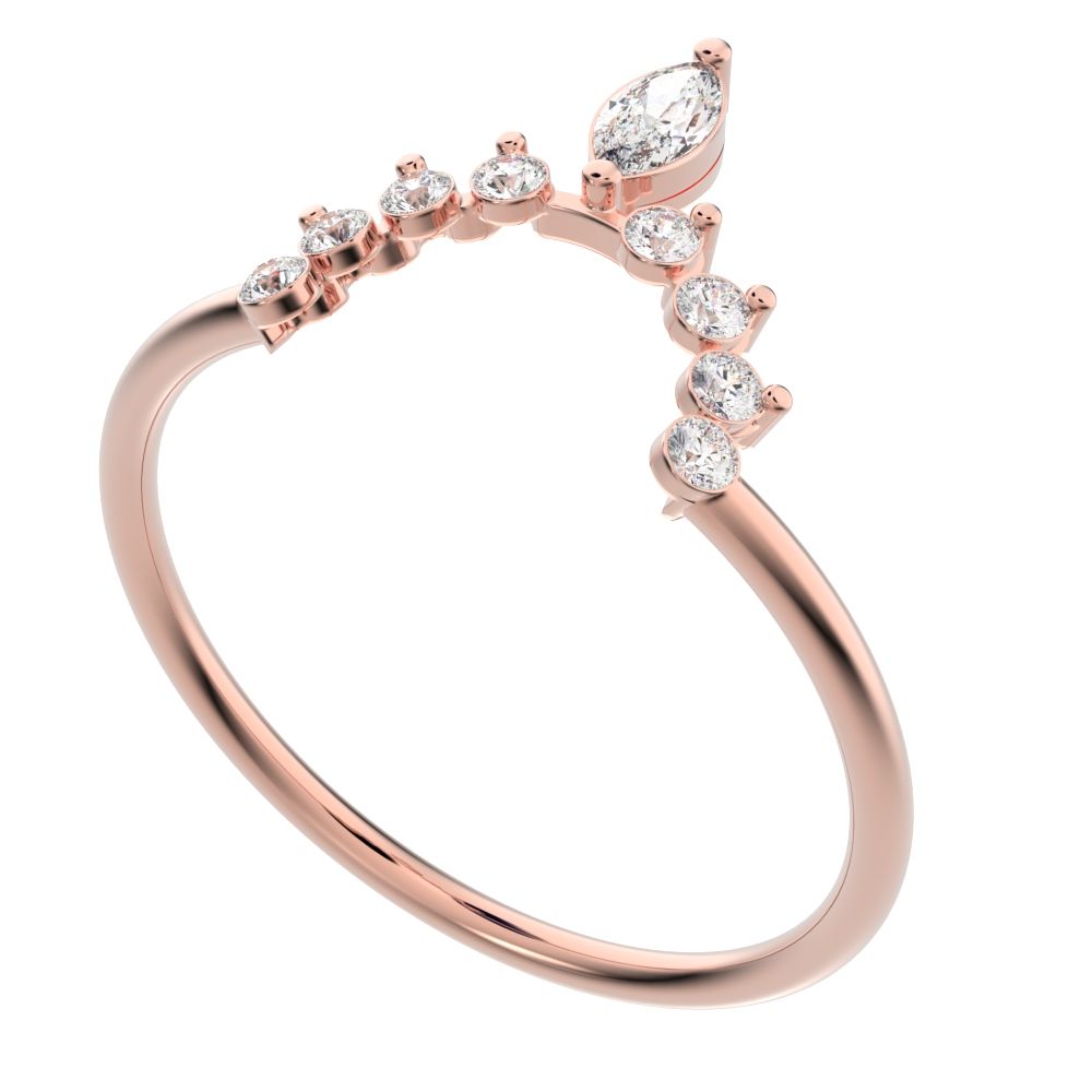 0.26 ct Marquise Cut Moissanite dainty Minimalist Stackable tiara crown chevron eye 14K / 18K Solid Rose Gold everyday wedding band